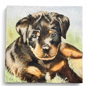 Vintage Original Acrylic on Canvas Pet Portrait Painting of Rottweiler Puppy